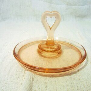 VTG PINK DEPRESSION GLASS TIDBIT TRAY WITH HEART HANDLE